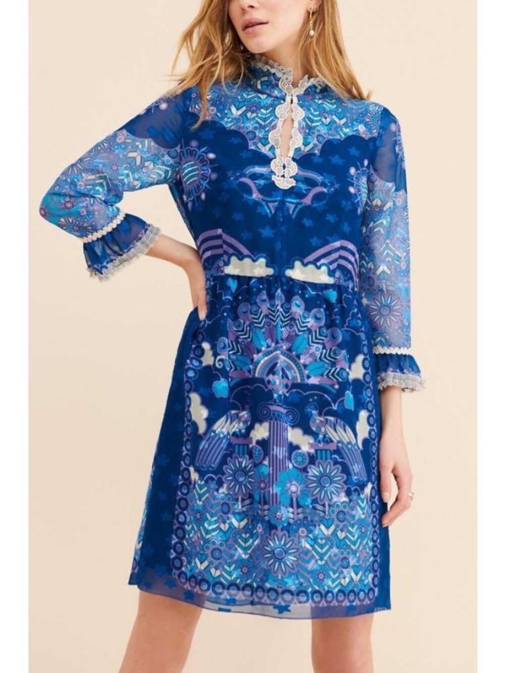 Free People Anna Sui Peacock Border Dress Boho Retro 60s 70s Vintage Womens 2